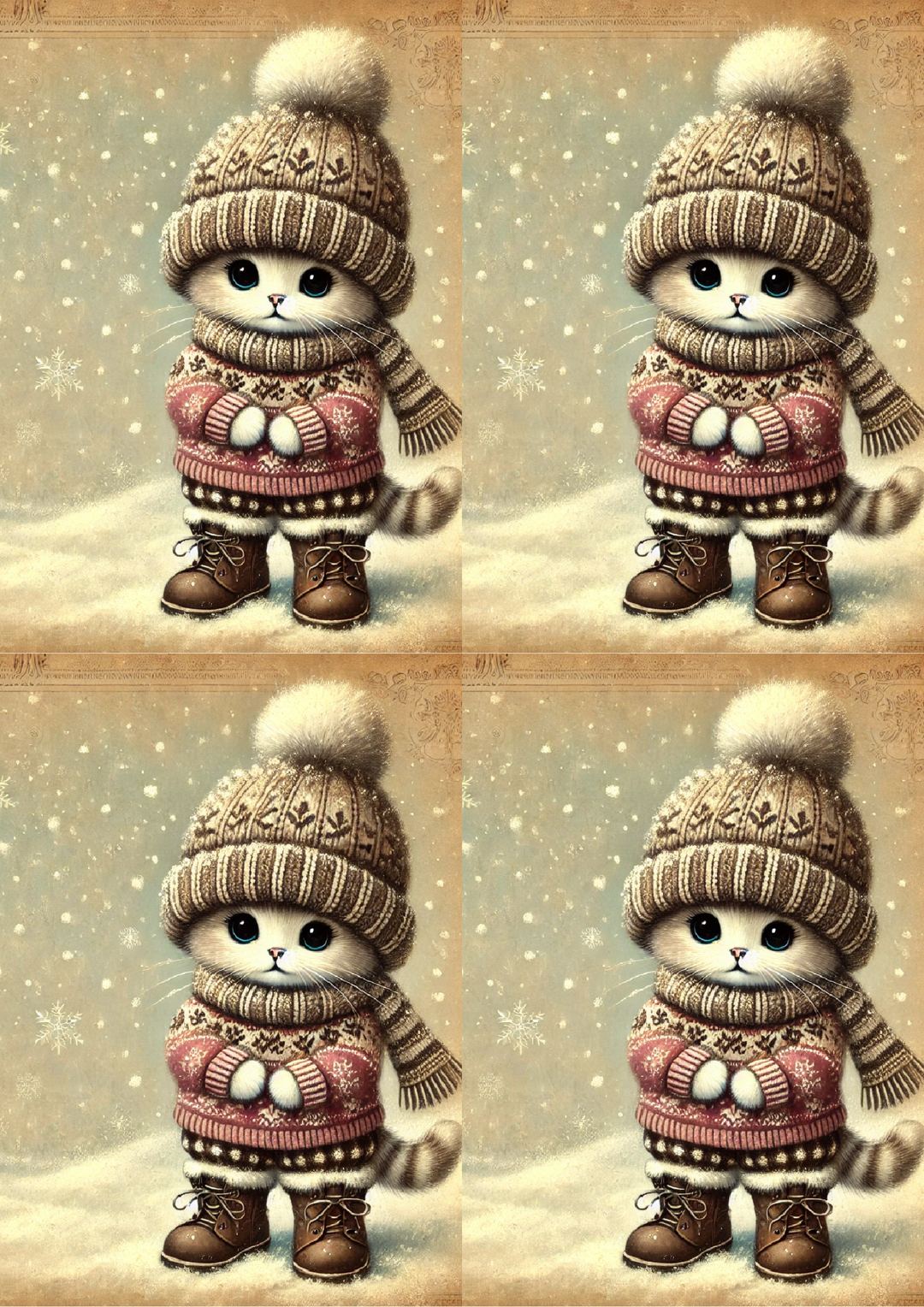 Rice Paper for Decoupage Kitten in Winter Vintage Collage Cat. No. 1678