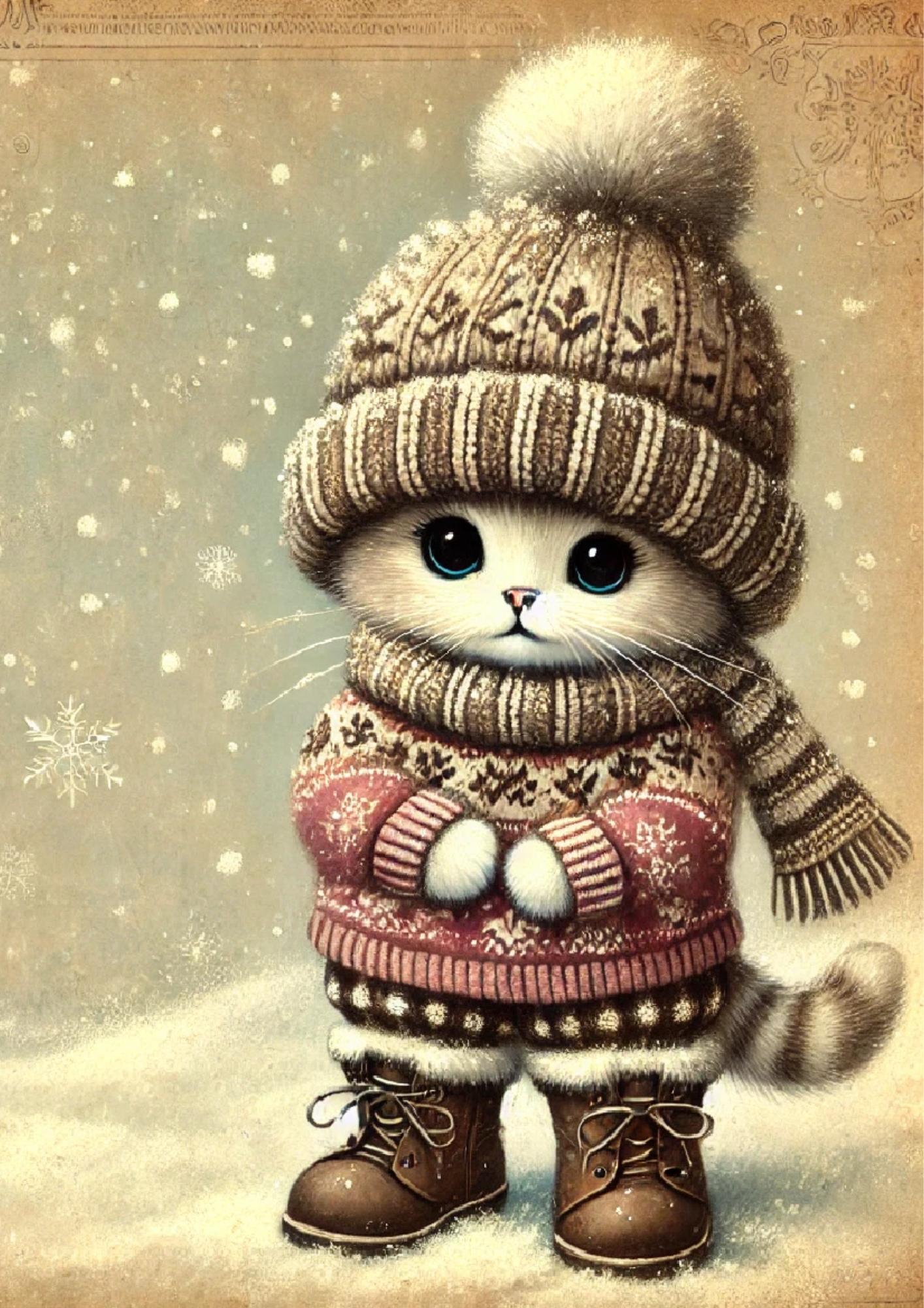 Papier de riz pour découpage Chaton en hiver Vintage Full Cat. N° 1679