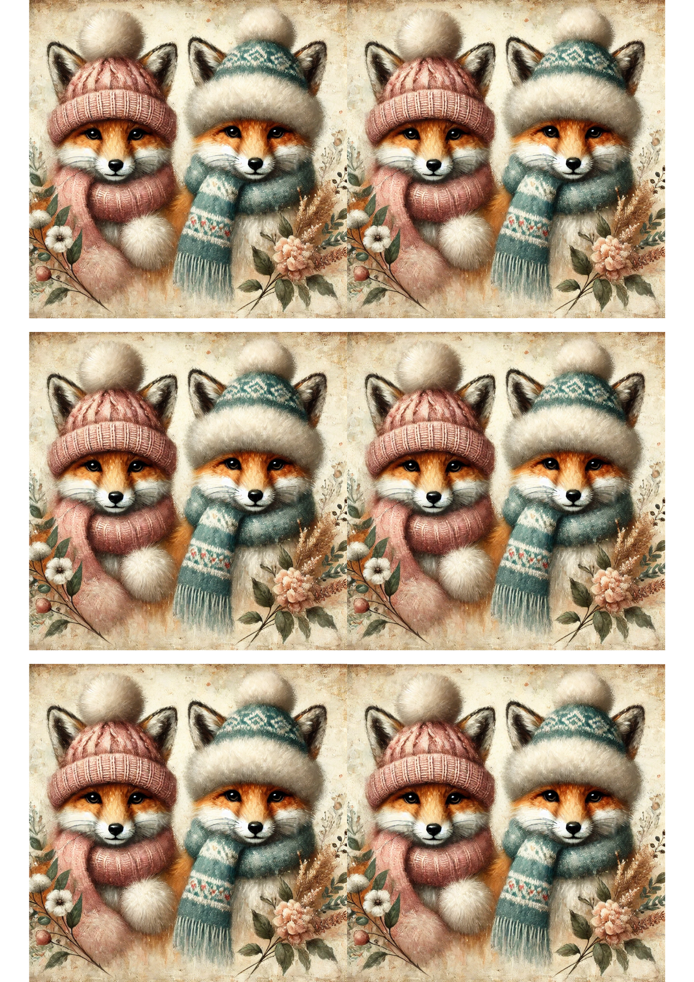 Rice Paper For Decoupage Foxes In Hats And Scarves Collage Cat. No. 2865