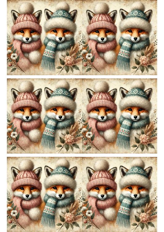 Rice Paper For Decoupage Foxes In Hats And Scarves Collage Cat. No. 2865