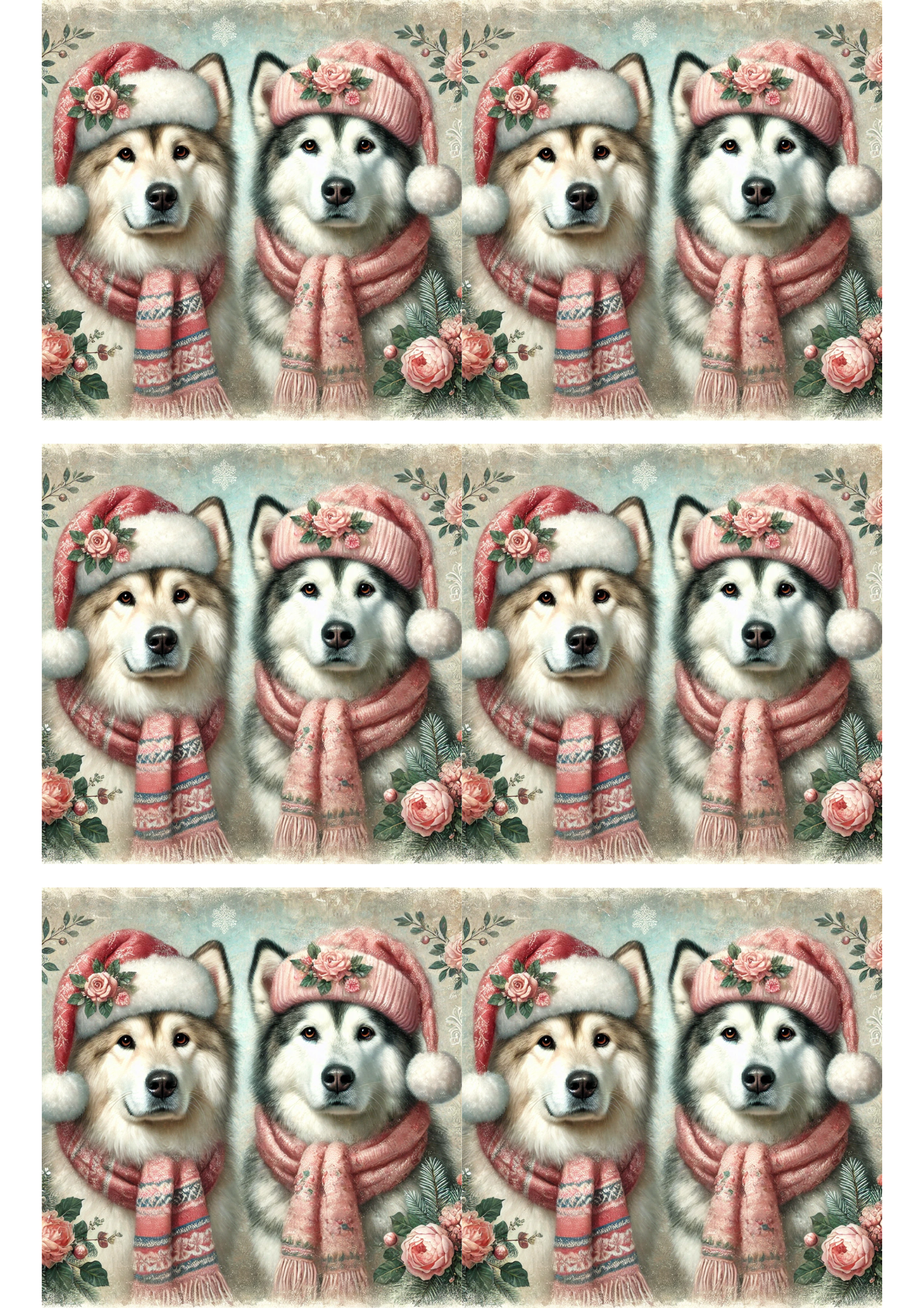 Rice Paper For Decoupage Malamutes In Hats And Scarves Collage Cat. No. 2869