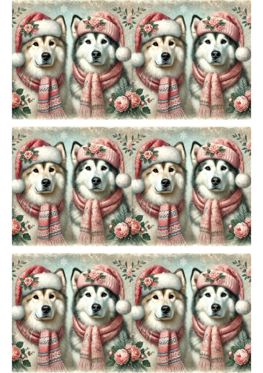 Rice Paper For Decoupage Malamutes In Hats And Scarves Collage Cat. No. 2869