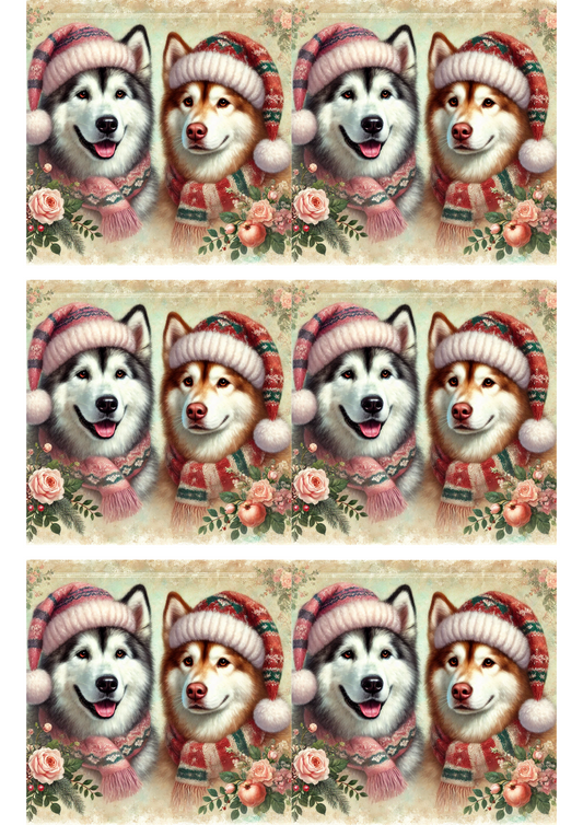 Rice Paper For Decoupage Malamutes In Hats Collage Cat. No. 2867