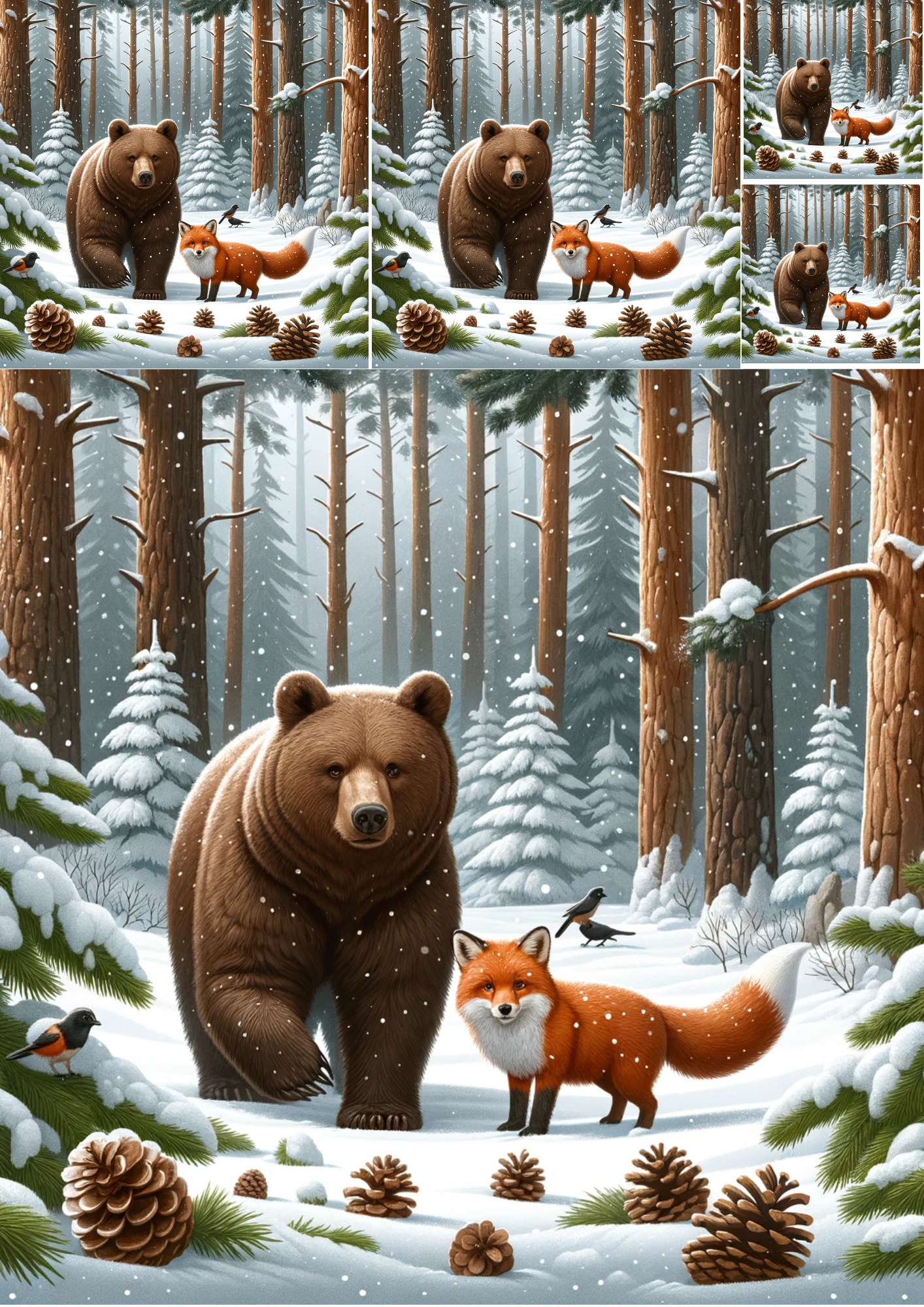 Rice Paper For Decoupage Brown Bear and Fox in Winter Collage Cat No. 1037