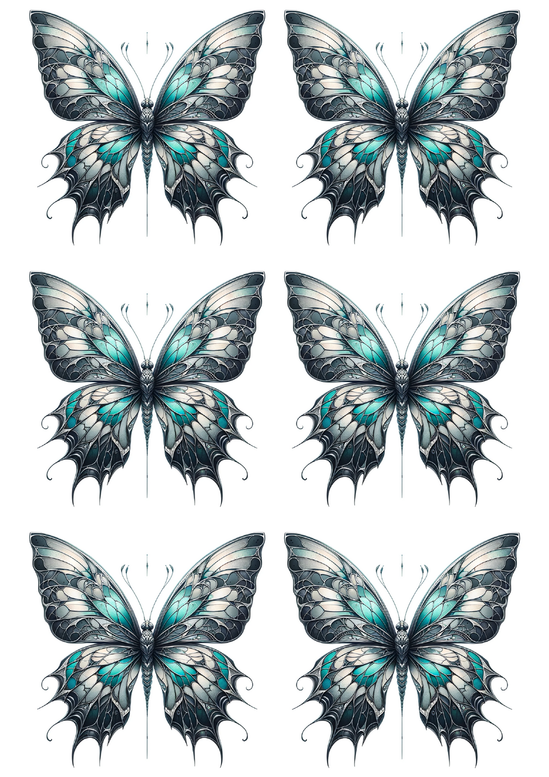 Rice Paper For Decoupage Butterfly In Gothic Style With Aquamarine Shades. Collage Cat. No. 2389