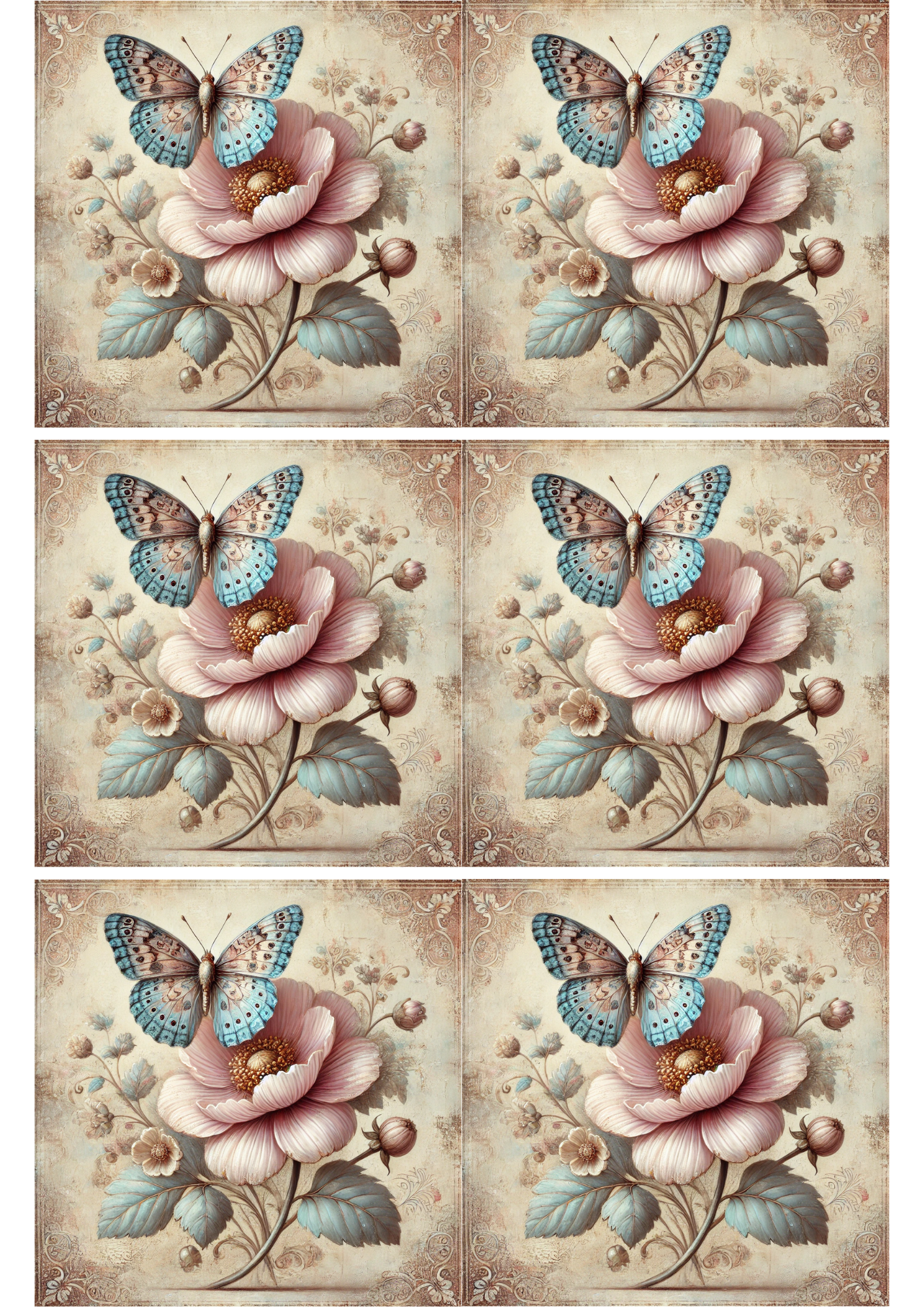 Papier de riz pour découpage Collage Shabby Chic Papillon et Rose, Cat. N° 2146