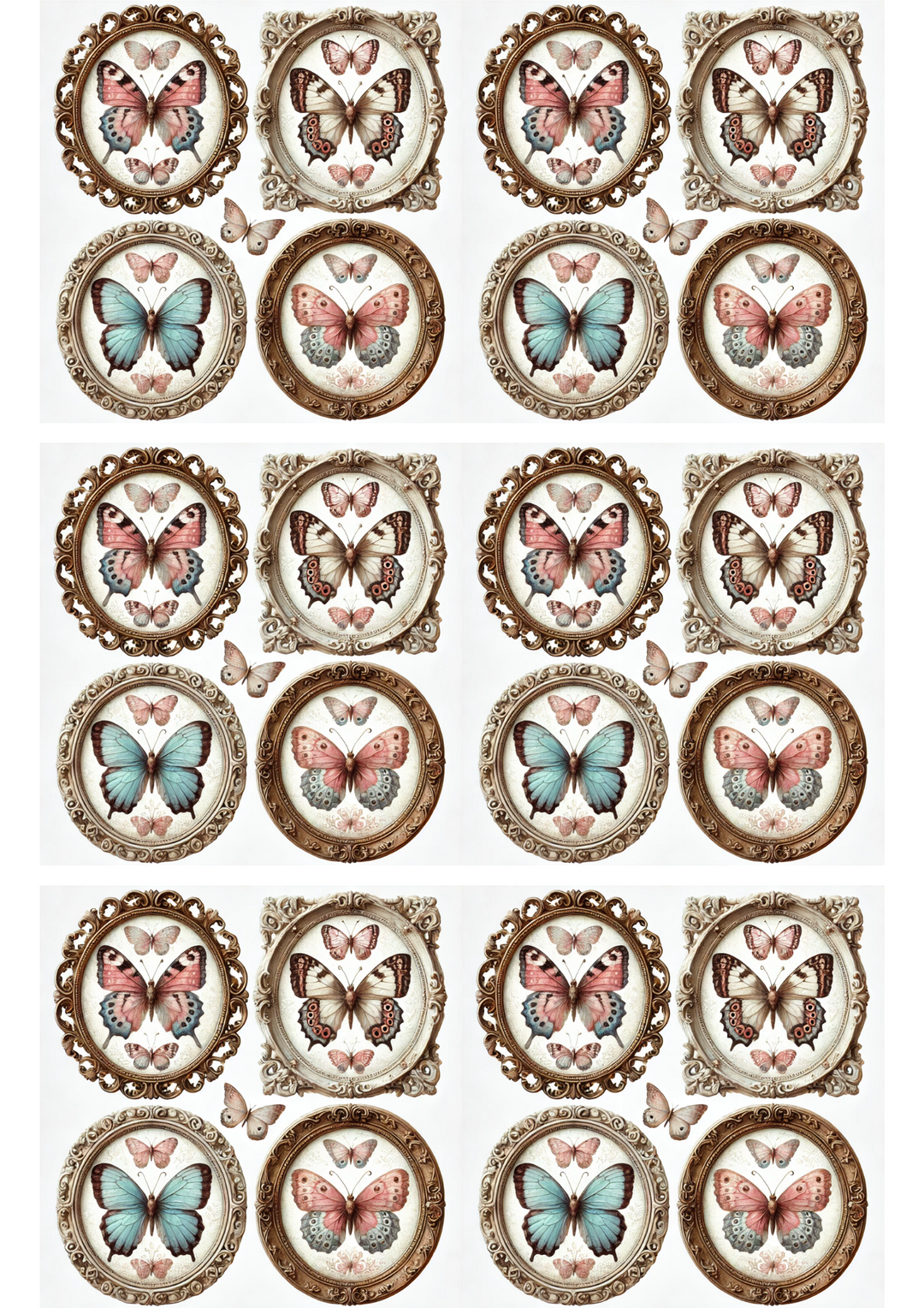 Rice Paper For Decoupage Butterflies In Round Frames Shabby Chic Collage Cat. No. 3059