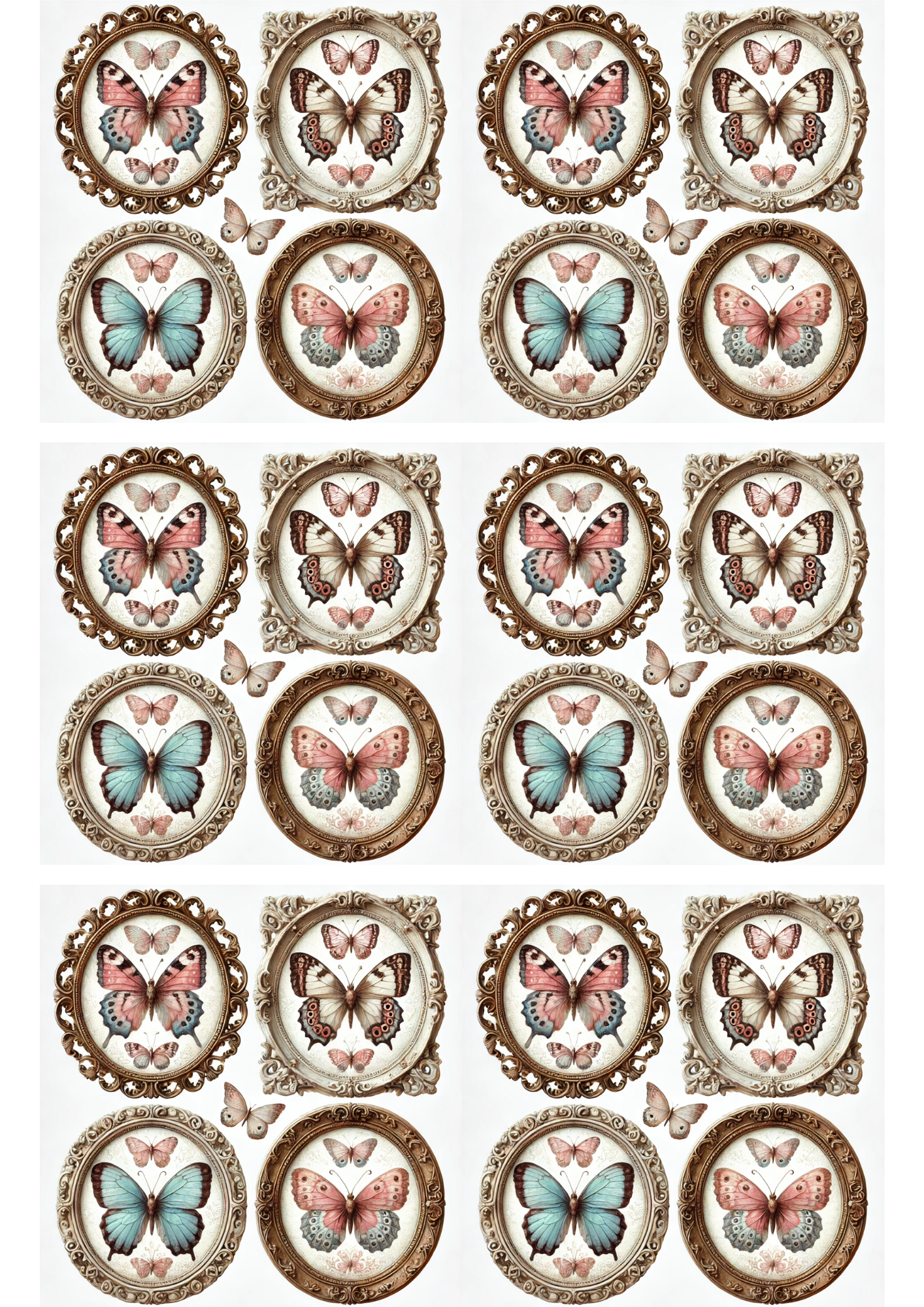 Rice Paper For Decoupage Butterflies In Round Frames Shabby Chic Collage Cat. No. 3059