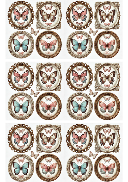 Rice Paper For Decoupage Butterflies In Round Frames Shabby Chic Collage Cat. No. 3059