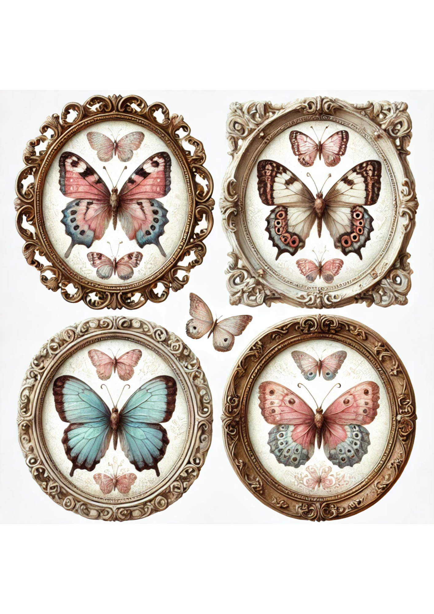 Rice Paper For Decoupage Butterflies In Round Frames Shabby Chic Full Cat. No. 3060