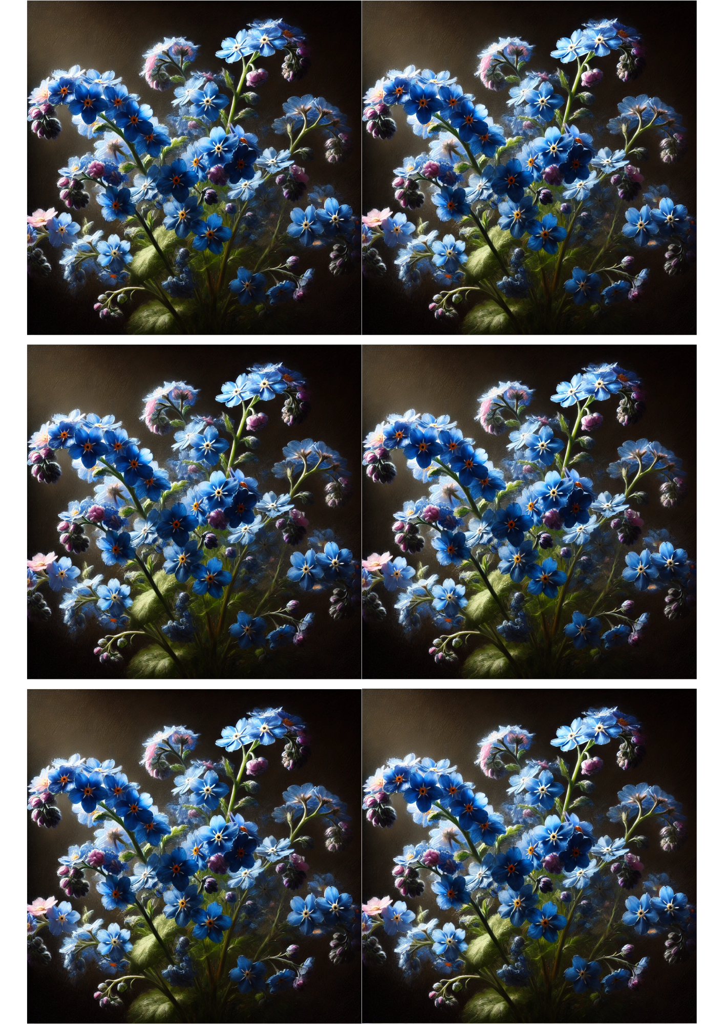 Rice Paper For Decoupage Forget-me-nots In Rembrandt Style Collage, Cat. No. 2180