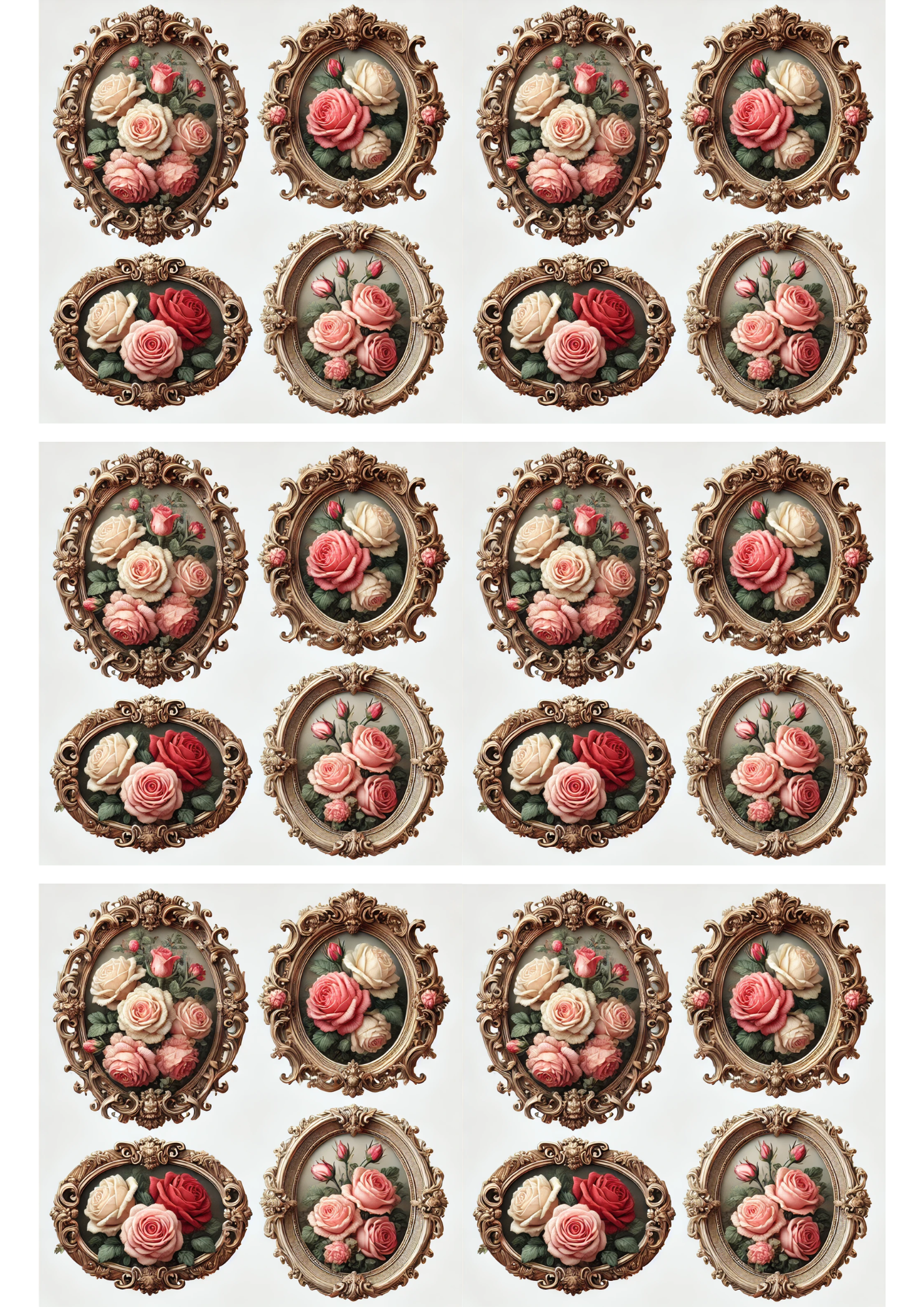 Rice Paper For Decoupage Roses In Baroque Ovals Collage Cat. No. 3083