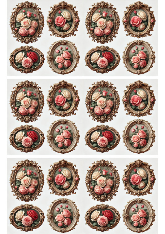 Rice Paper For Decoupage Roses In Baroque Ovals Collage Cat. No. 3083