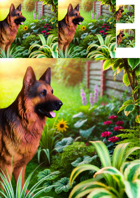 Rice Paper for Decoupage German Shepherd Dog In The Garden Collage Cat. No. 1361