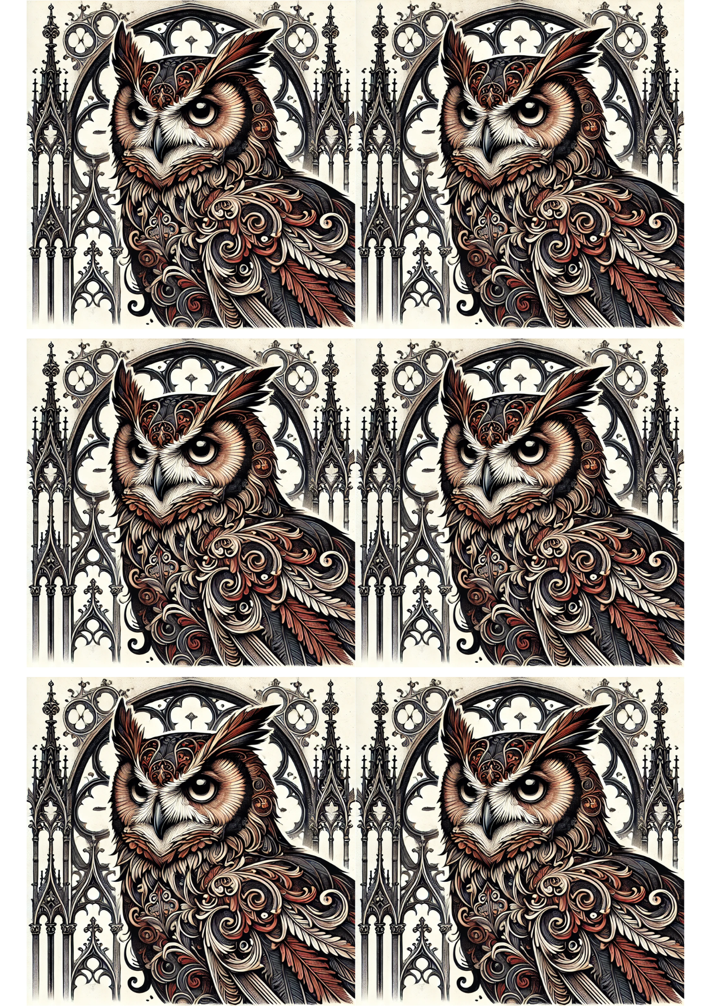 Rice Paper For Decoupage Owl In Gothic Style Collage, Cat. No. 2190