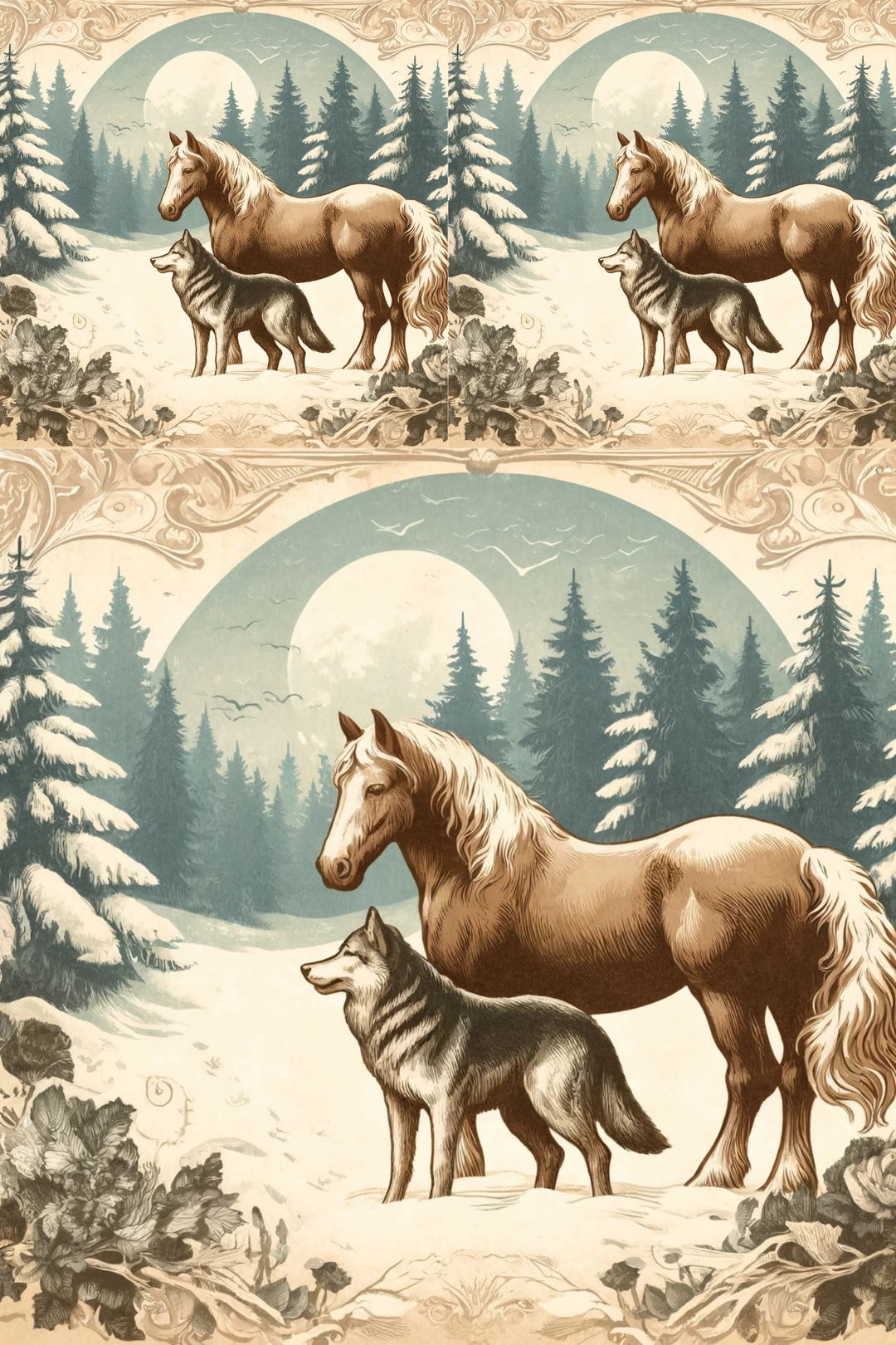Reispapier für Decoupage Pferd und Wolf im Winter Kat. Nr. 3072