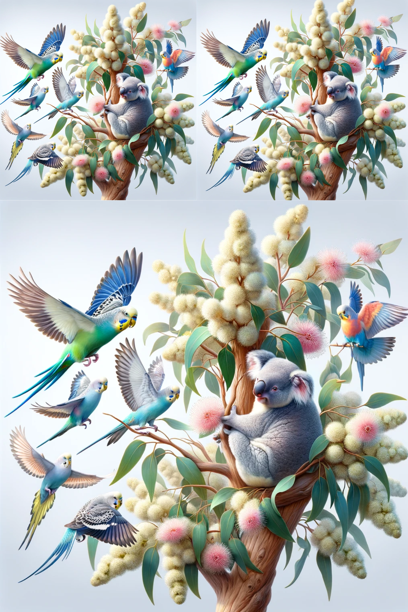 Rice Paper For Decoupage Budgerigars With Koala On Eucalyptus Cat. No. 249