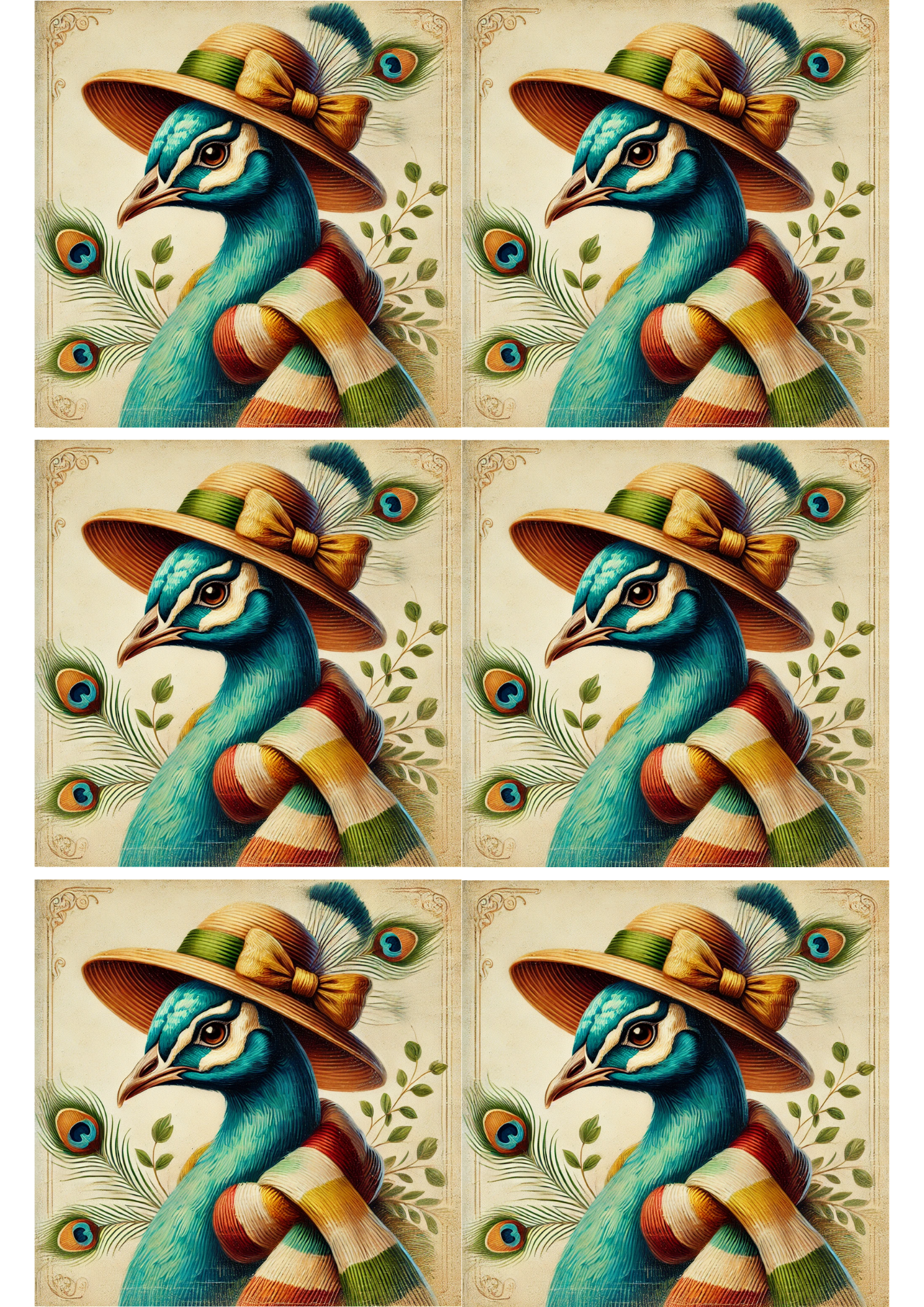 Rice Paper For Decoupage Peacock In Hat Collage Cat. No. 2222