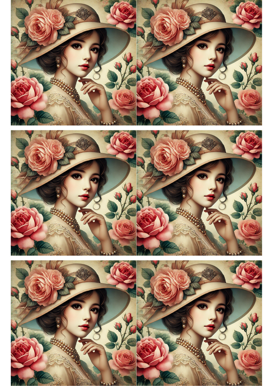 Rice Paper For Decoupage Woman In Hat With Rose Collage Cat. No. 2238