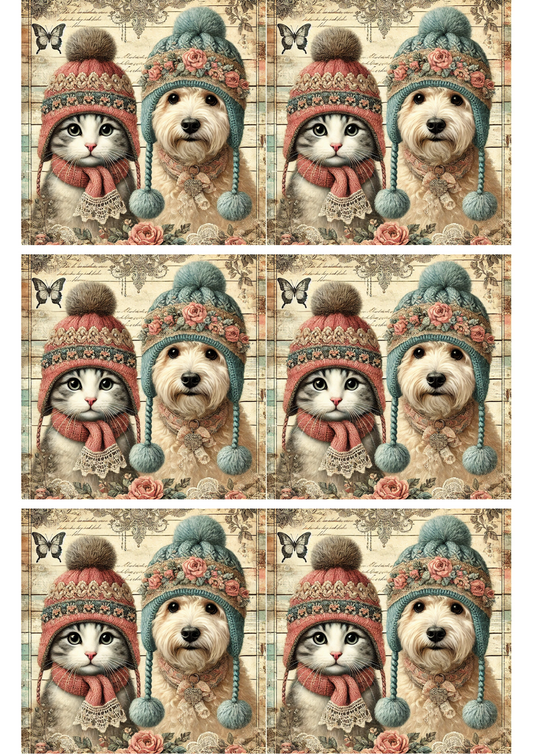 Rice Paper For Decoupage Dog and Cat in Winter Collage Cat. No. 2244