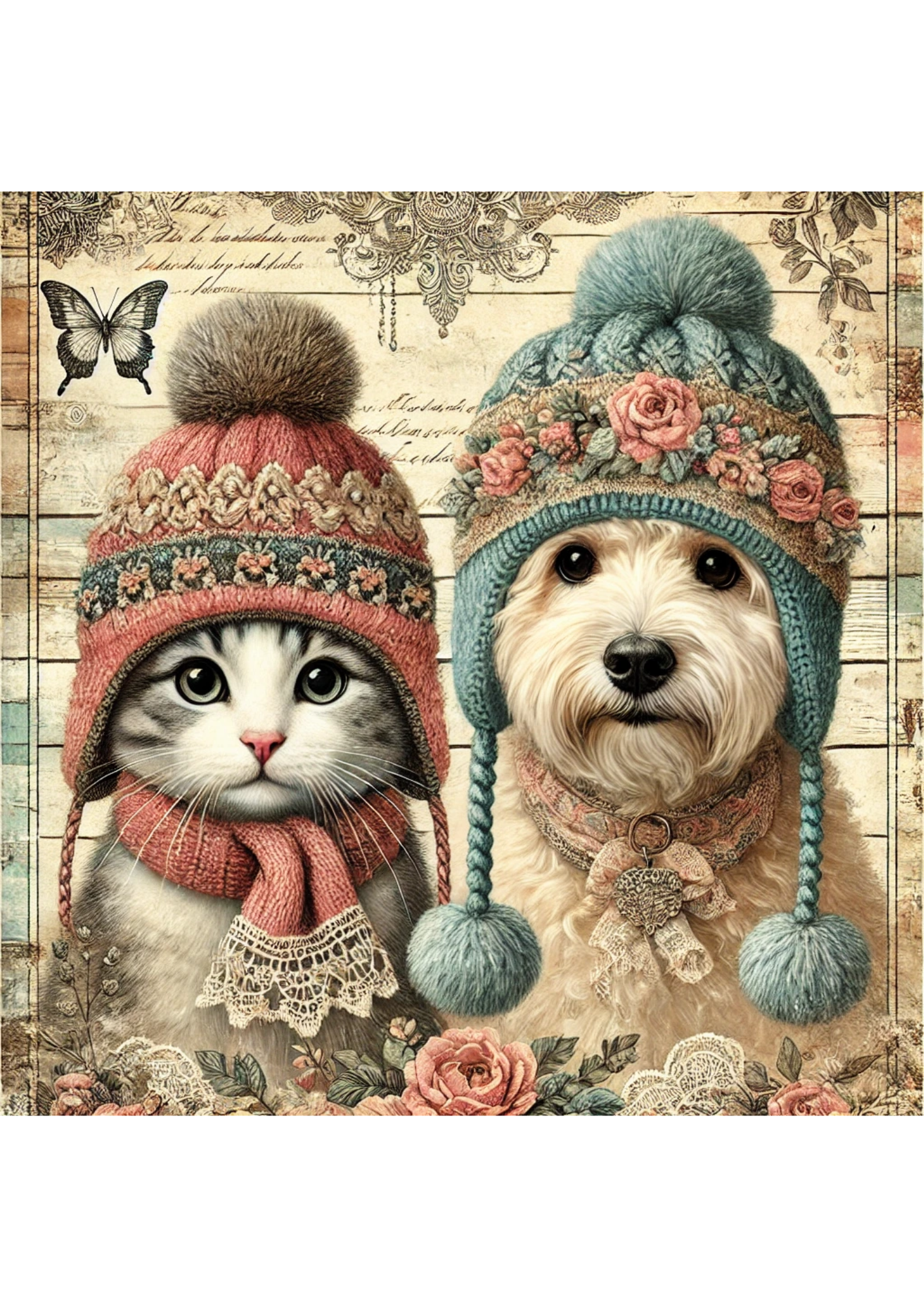 Rice Paper For Decoupage Dog and Cat in Winter Full Cat. No. 2245