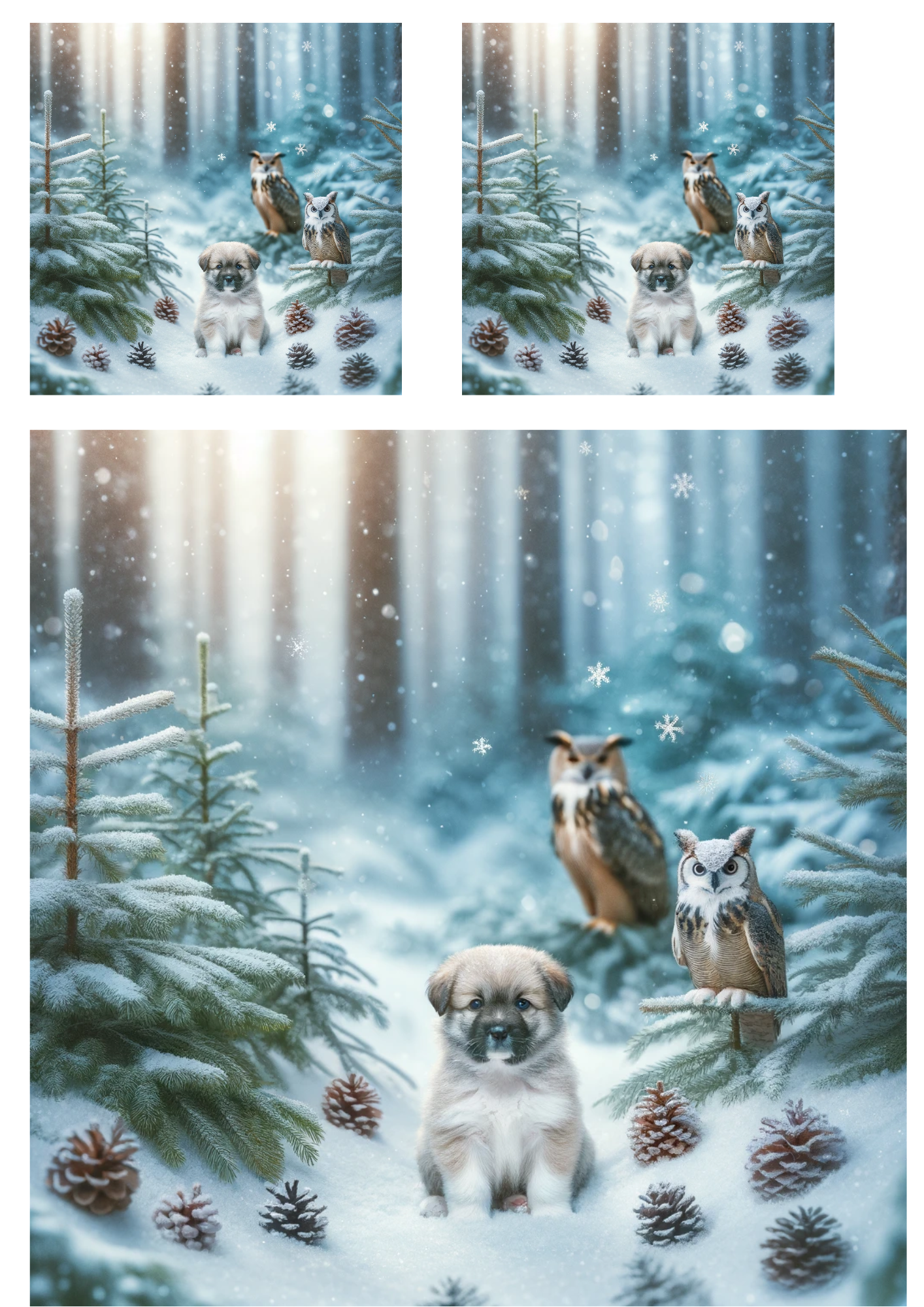 Rice Paper For Decoupage Dog, Owls in Winter Collage Cat No. 775