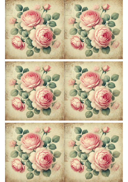 Rice Paper For Decoupage Pink Roses Collage Cat. No. 2256