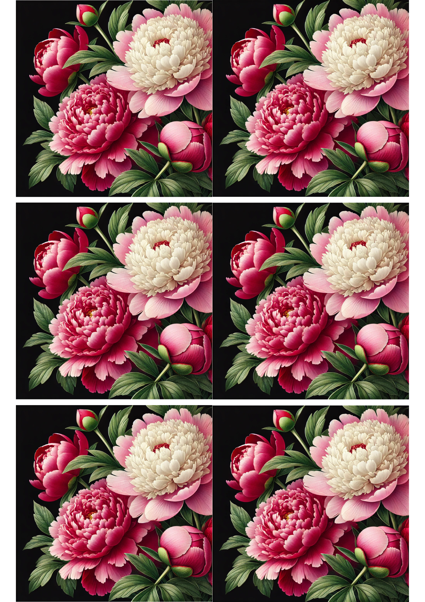 Rice Paper For Decoupage Peonies On Black Background Collage Cat. No. 2264