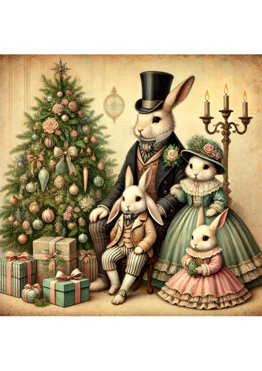 Rice Paper For Decoupage Rabbit Family By The Christmas Tree Vintage Full Cat. No. 3108