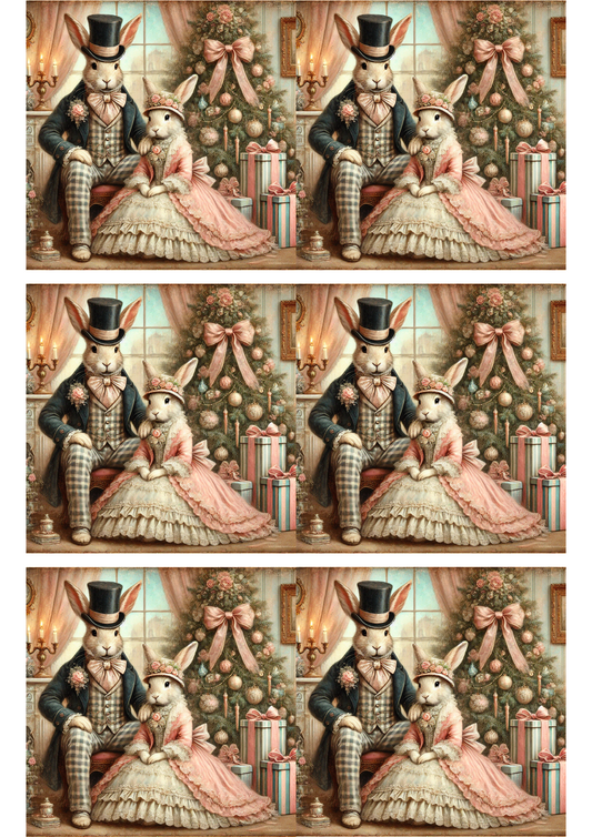 Rice Paper For Decoupage Mr. Rabbit and Mrs. Rabbit At The Christmas Tree Vintage Collage Cat. No. 3105
