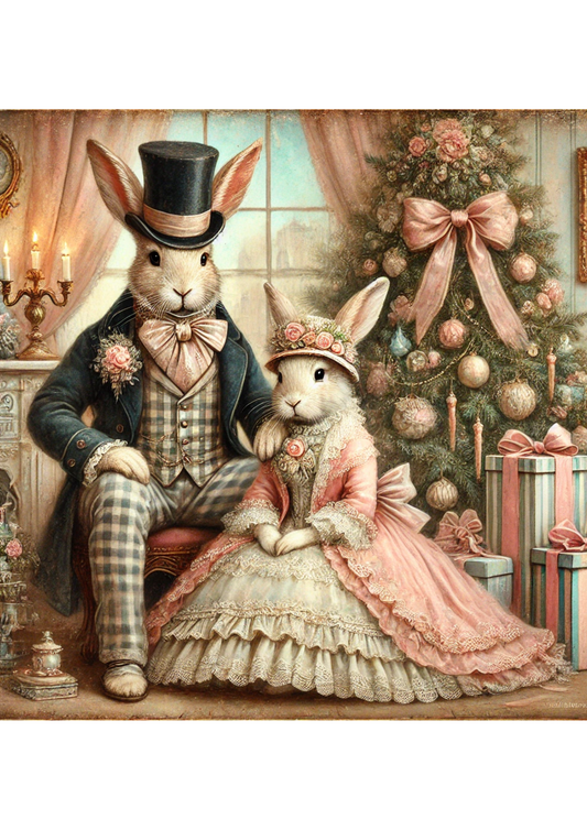Rice Paper For Decoupage Mr. Rabbit and Mrs. Rabbit At The Christmas Tree Vintage Full Cat. No. 3106