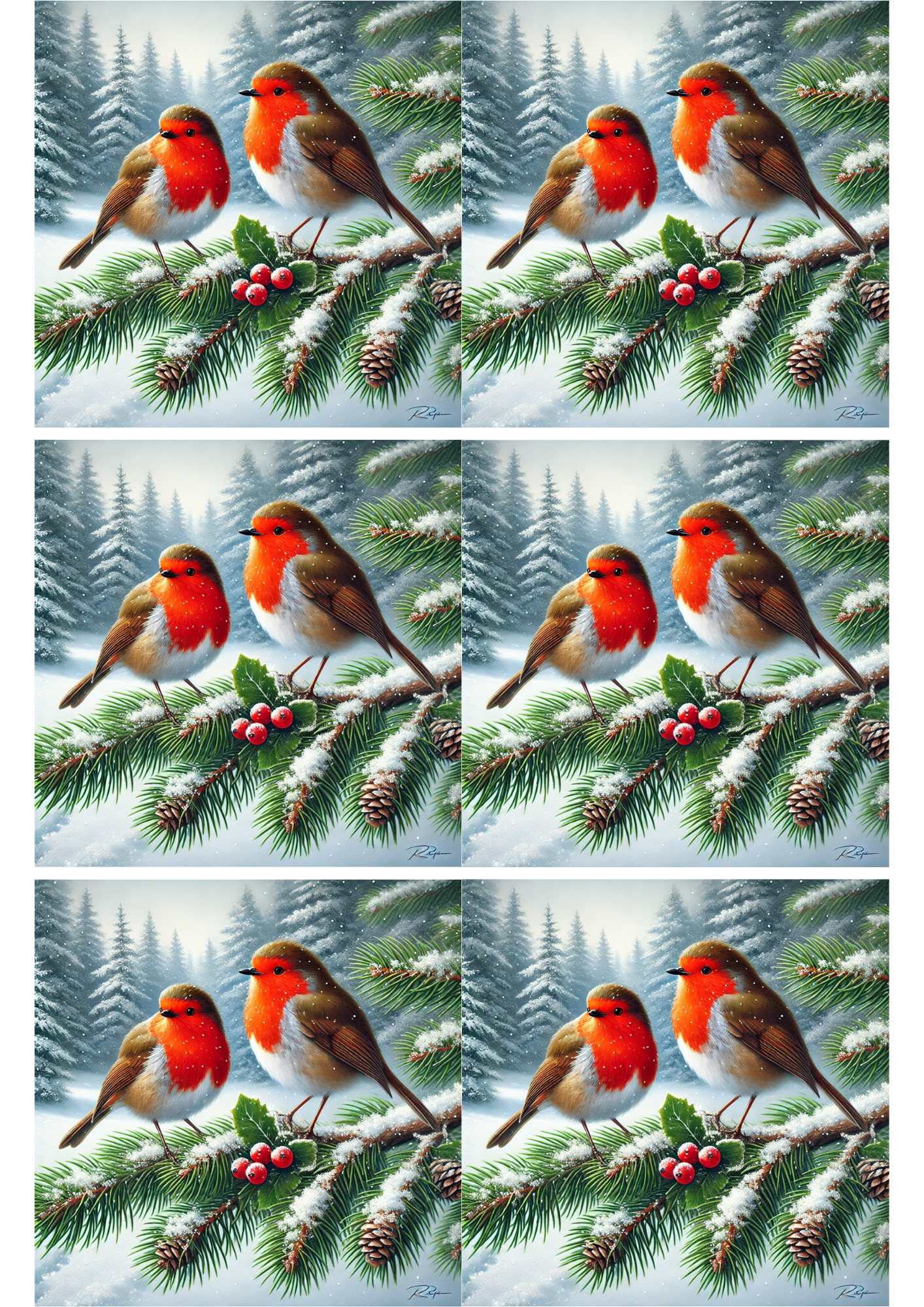 Rice Paper For Decoupage Red Robins on a Spruce Tree Collage Cat. No. 2318