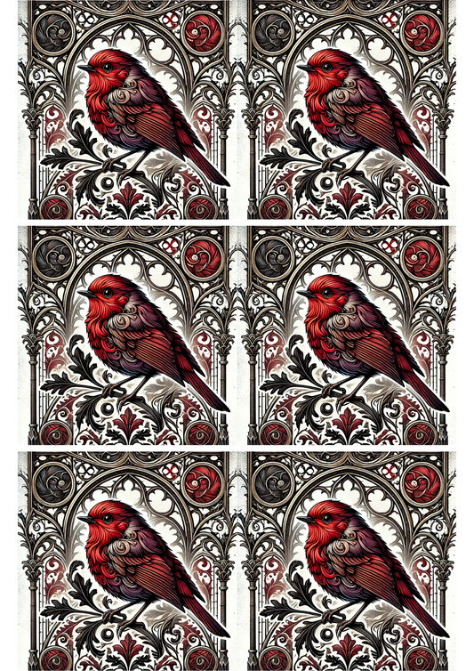 Rice Paper For Decoupage Red Robin In Gothic Style Collage Cat. No. 2322