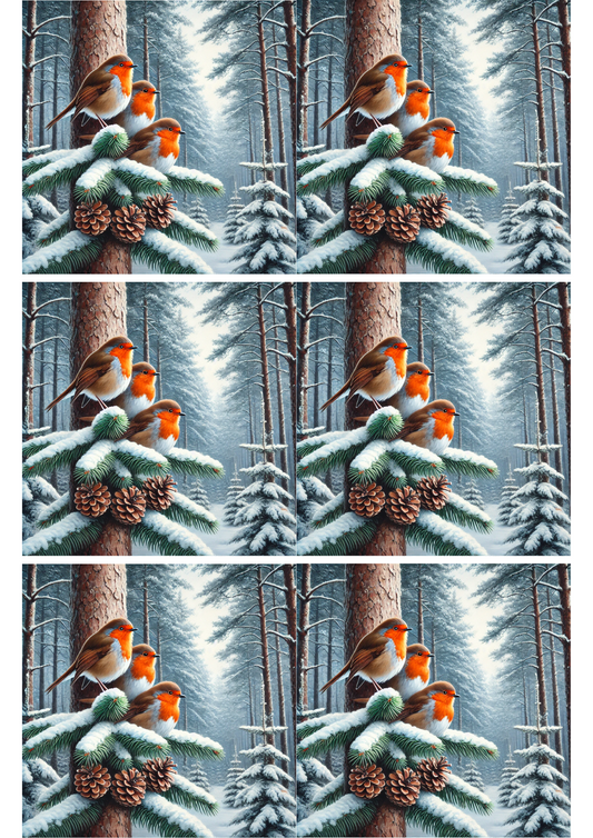 Rice Paper For Decoupage Robins In Snowy Winter Forest Collage Cat. No. 2335