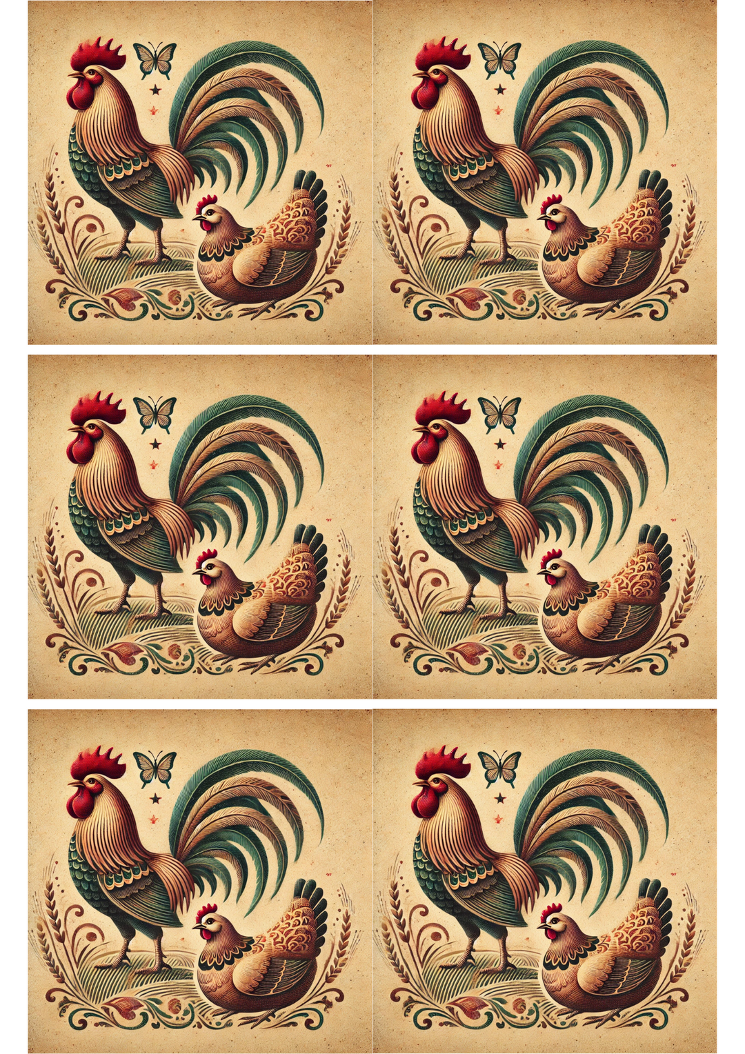 Rice Paper For Decoupage Rooster and Hen Shabby Chic Collage Cat. No. 2343
