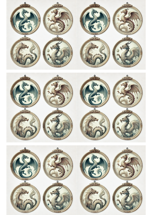 Rice Paper For Decoupage Dragons In Round Frames Collage Cat. No. 3123