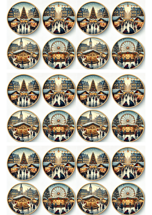 Rice Paper For Decoupage Christmas Market In Round Frames Collage Cat. No. 3129