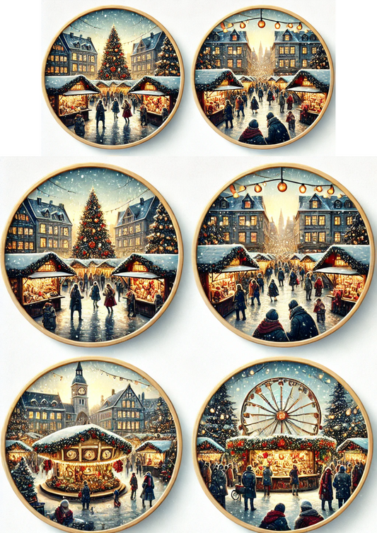 Rice Paper For Decoupage Christmas Market In Round Frames Full Cat. No. 3130