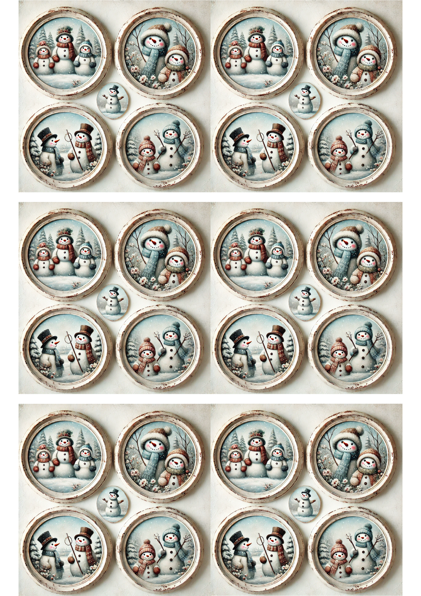 Rice Paper For Decoupage Snowman In Round Frames Collage Cat. No. 3133