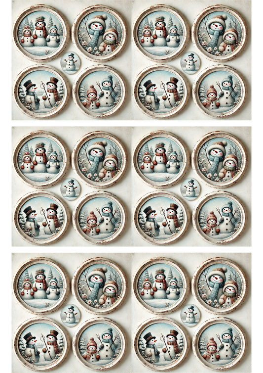 Rice Paper For Decoupage Snowman In Round Frames Collage Cat. No. 3133