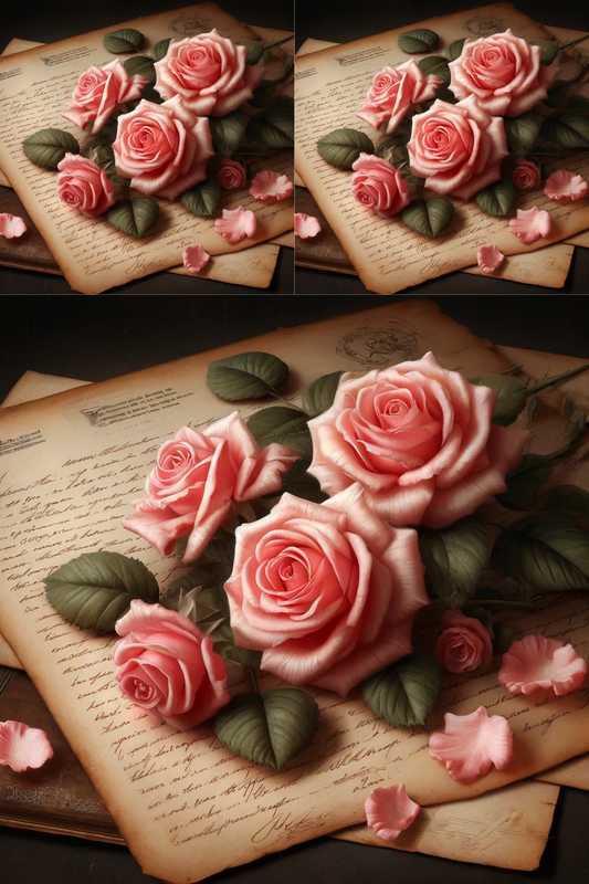 Papel de arroz para decoupage: rosas sobre letras antiguas, n.º de cat. 274