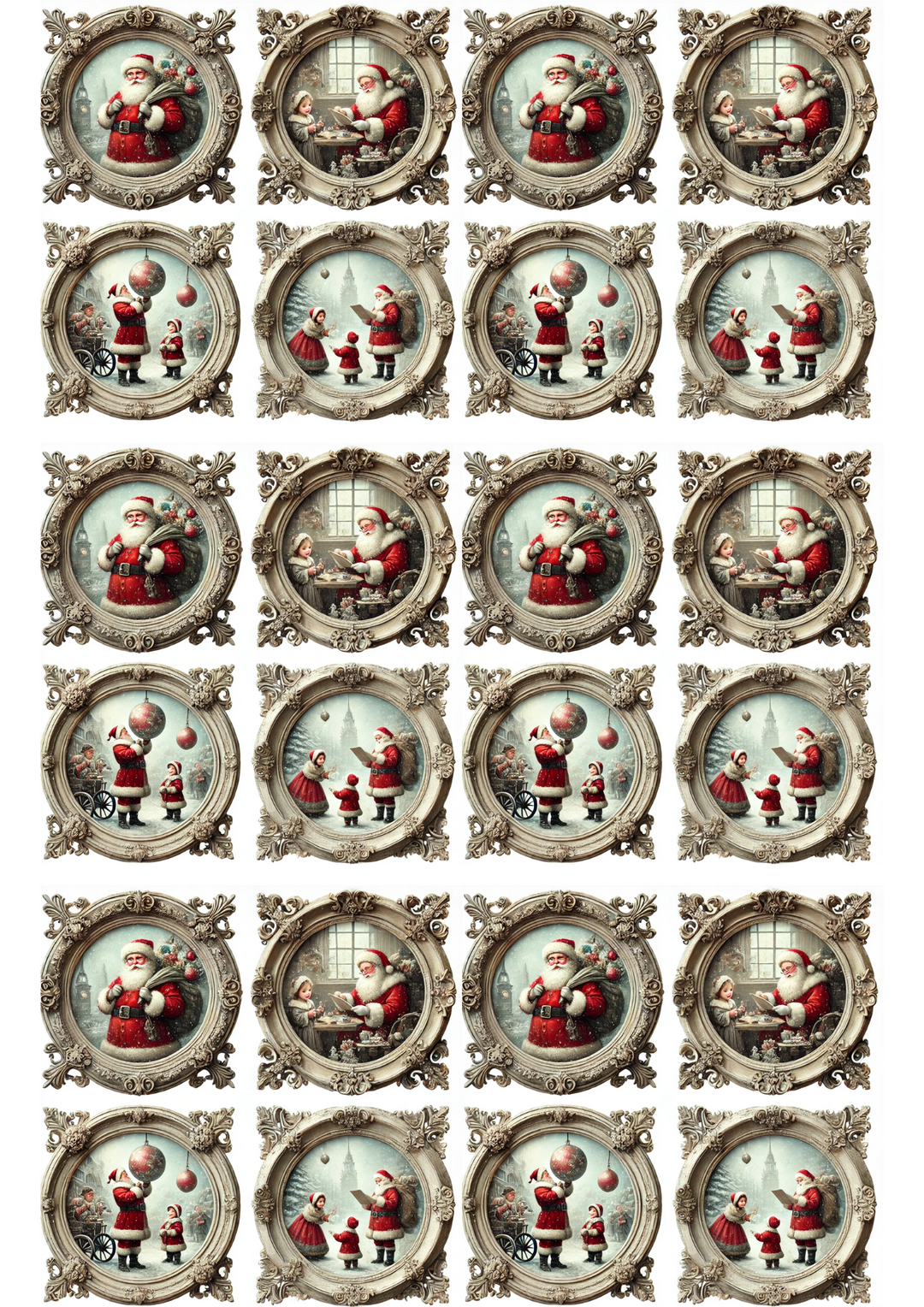 Rice Paper For Decoupage Santa Claus Scenes In Round Frames Collage Cat. No. 3145