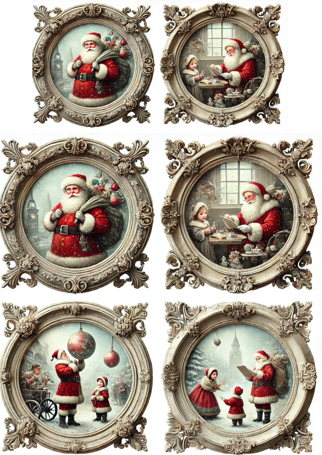 Reispapier für Decoupage Weihnachtsmann-Szenen in runden Rahmen, vollständige Kat.-Nr. 3146
