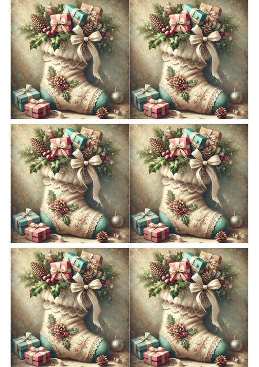 Rice Paper For Decoupage Christmas Sock Collage Cat. No. 3149
