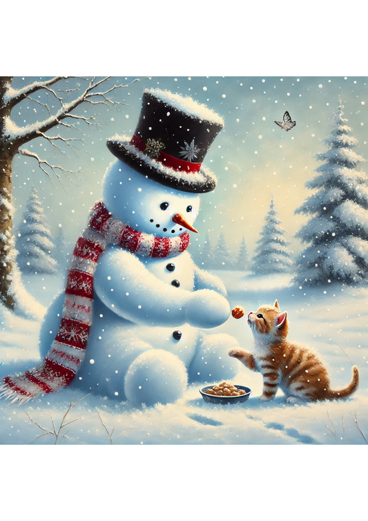 Rice Paper For Decoupage Snowman Is Feeding Little Kitten Full Cat. No. 2466