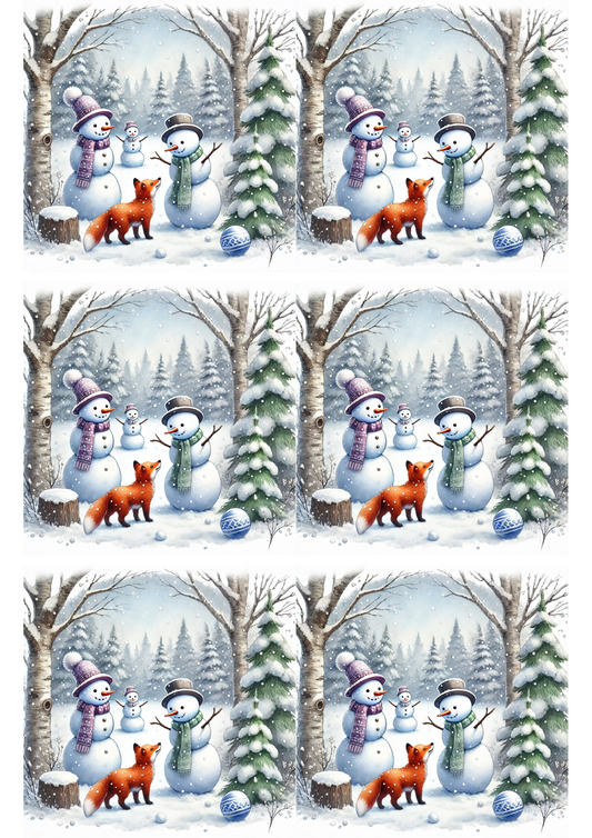 Rice Paper For Decoupage Snowmen and Fox Collage Cat. No. 2469