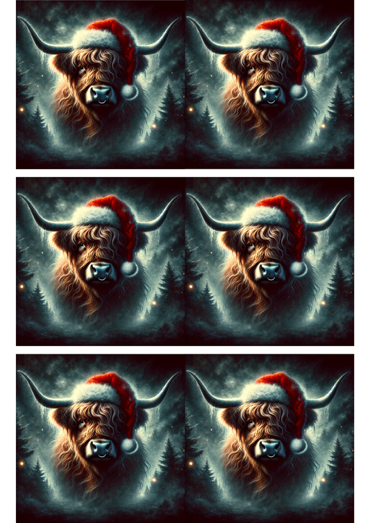 Rice Paper For Decoupage Highland Cow Surrealist In Christmas Hat Collage Cat. No. 2911