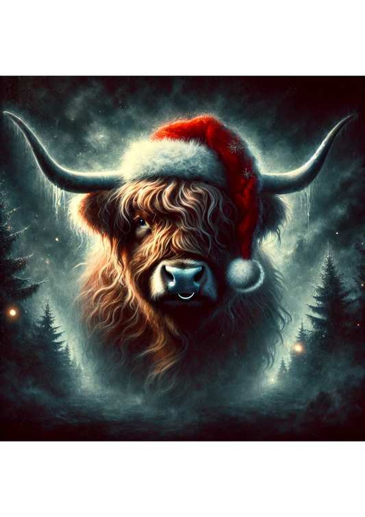 Rice Paper For Decoupage Highland Cow Surrealist In Christmas Hat Full Cat. No. 2912