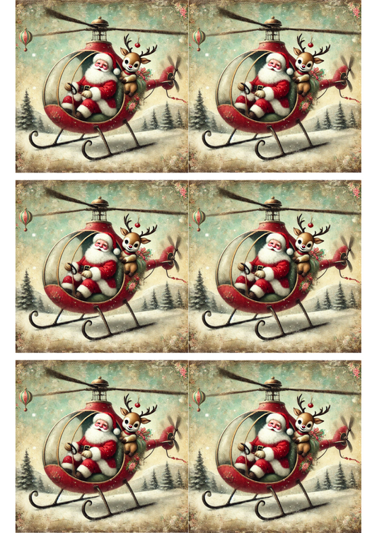 Rice Paper For Decoupage Santa Claus In Helicopter Collage Cat. No. 2919