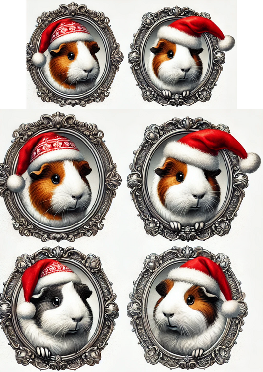 Rice Paper For Decoupage Guinea Pig In Christmas Hat In Ovals Full Cat. No. 3164